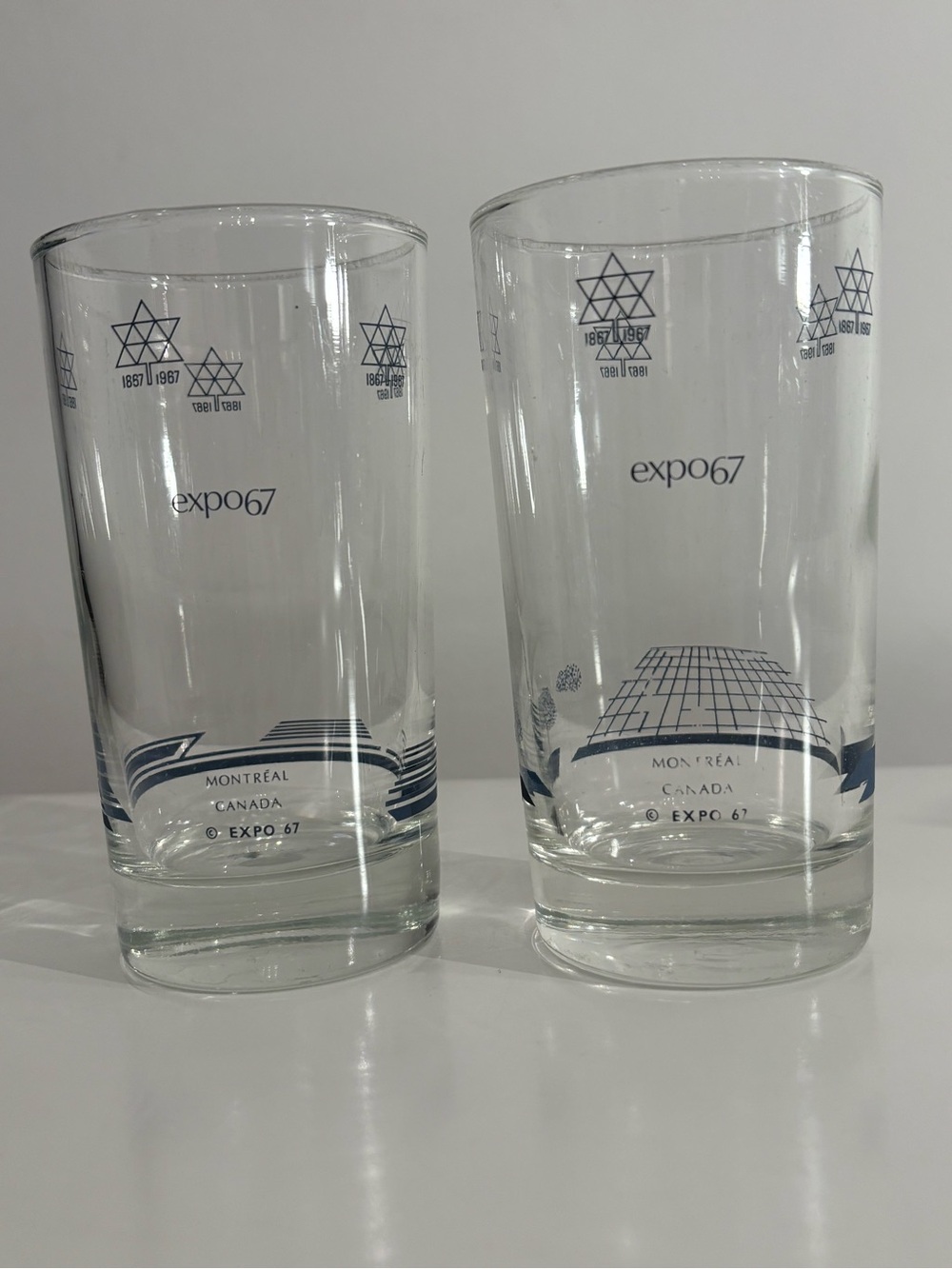 Expo 67 Montreal Canada Vintage Blue Logo Drinking Glasses Set of 2 Collectors